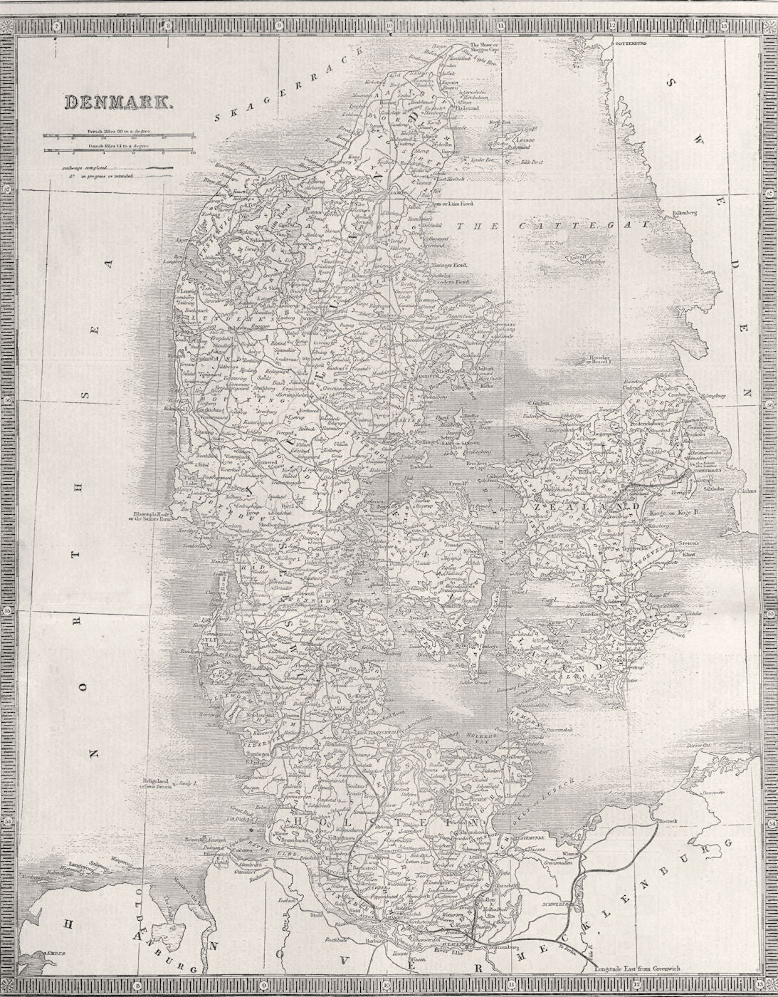 A map of Denmark. Existing & planned railways 1863 old antique chart